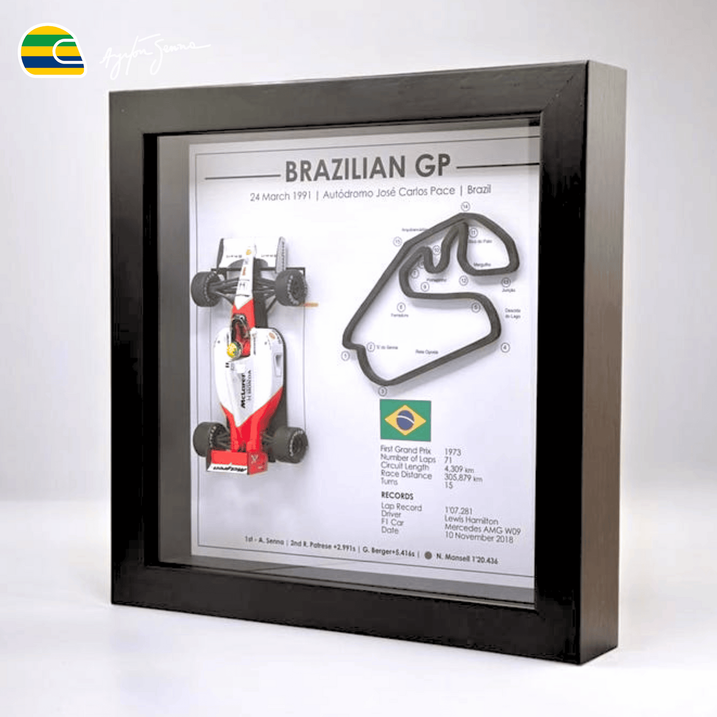 Exclusive: 3D Frame Senna Win GP Brazil 1991 Miniature 1/43 McLaren MP4 20x20cm + *GIFTS 1x Mug* - LIMITED EDITION