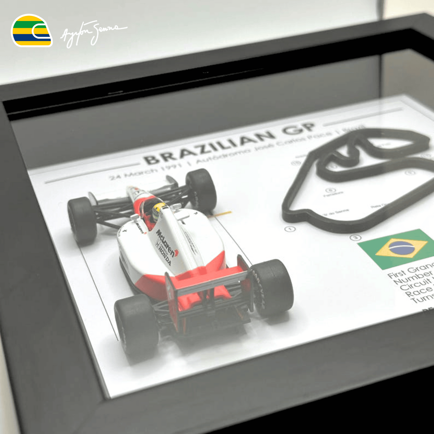 Exclusive: 3D Frame Senna Win GP Brazil 1991 Miniature 1/43 McLaren MP4 20x20cm + *GIFTS 1x Mug* - LIMITED EDITION